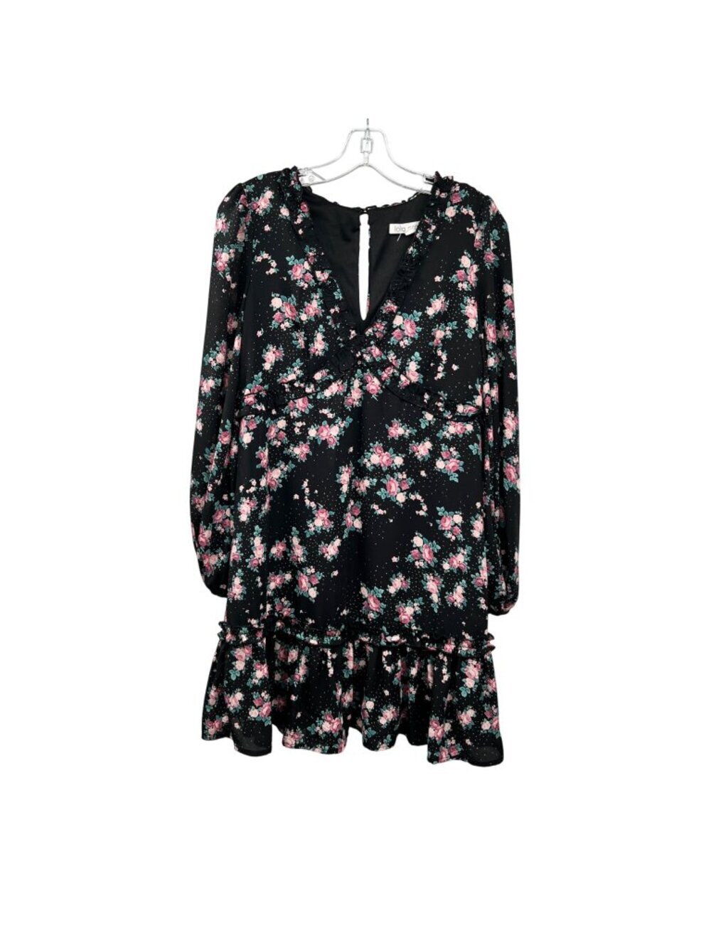 Lola Grace Floral Empire Waist Dress Long Sleeve Black/Multi Keyhole Size Small